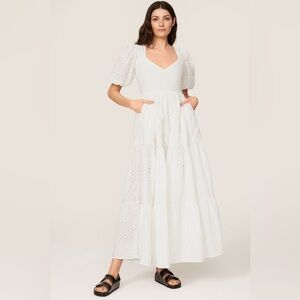 Mille White Maja Eyelet Maxi Dress Puff Sleeves Tiered Skirt XS